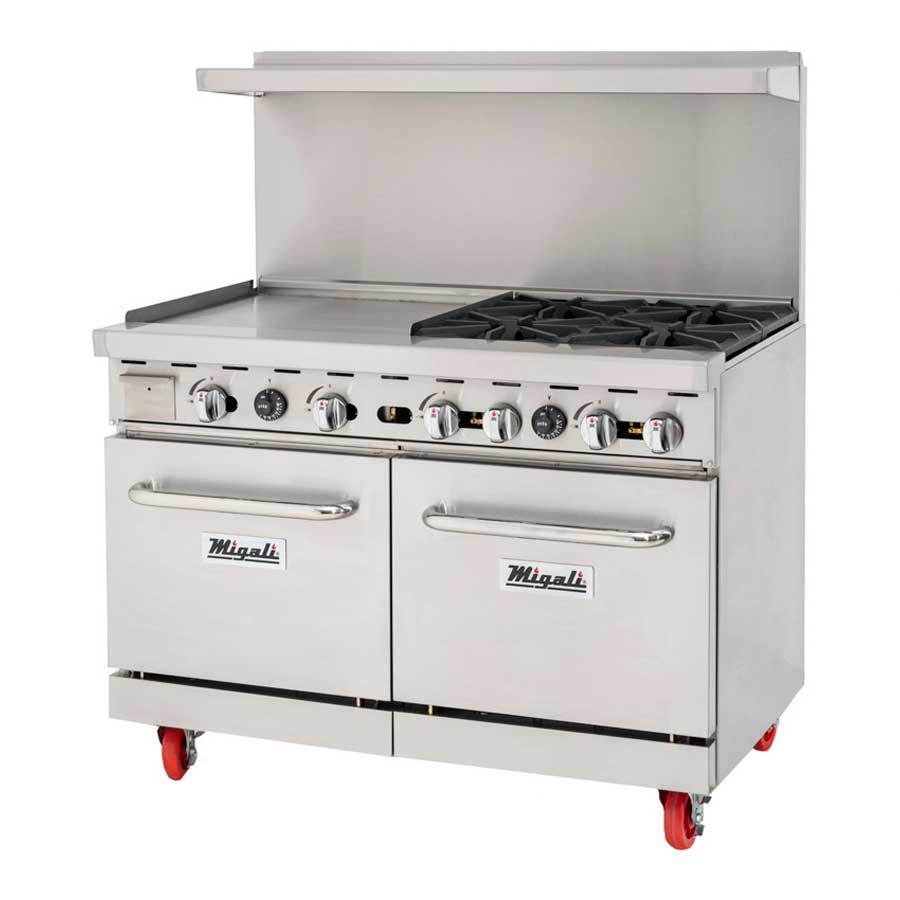 Migali Liquid Propane 4 Burners Range with 2 Ovens and 24 inch Griddle Left Side, 48 inch Width x 31 inch Depth x 56.4 inch Height