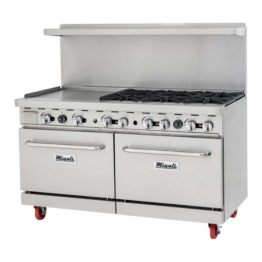Migali Natural Gas 6 Burners Range with 2 Ovens and 24 inch Griddle Left Side, 60.2 inch Width x 31 inch Depth x 56.4 inch Height