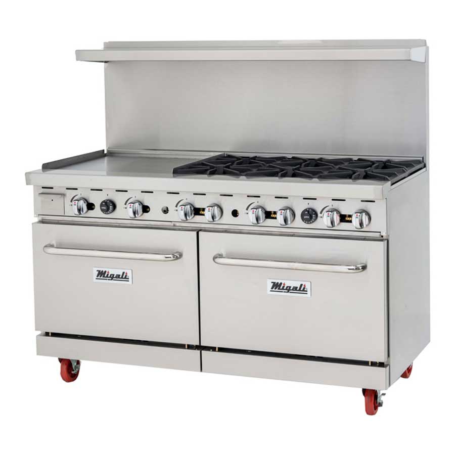 Migali Liquid Propane 6 Burners Range with 2 Ovens and 24 inch Griddle Left Side, 60.2 inch Width x 31 inch Depth x 56.4 inch Height