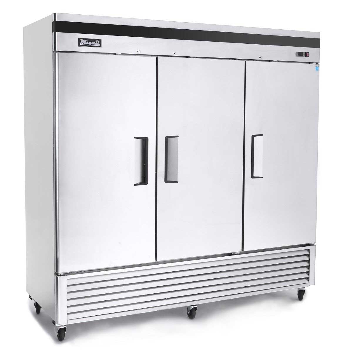 Migali Stainless Steel 3 Door Reach-In Freezer with 9 Adjustable Shelves, 81.9 inch Width x 31.5 inch Depth x 83.2 inch Height