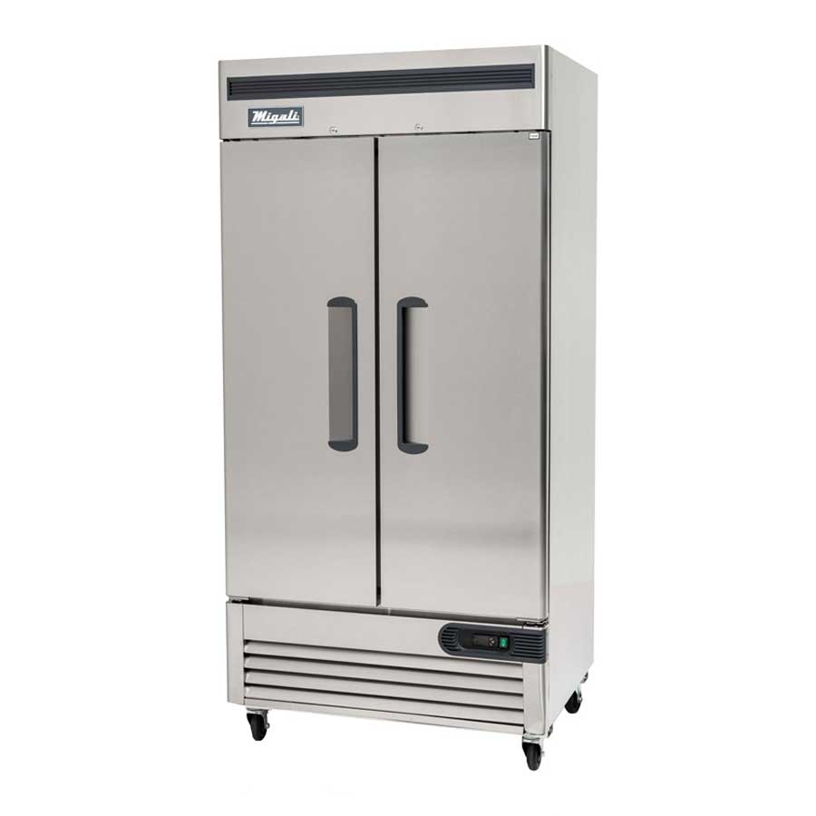 Migali Stainless Steel Slim 2 Door Reach-In Refrigerator with 6 Adjustable Shelves, 39.5 inch Width x 31.5 inch Depth x 83.2 inch Height