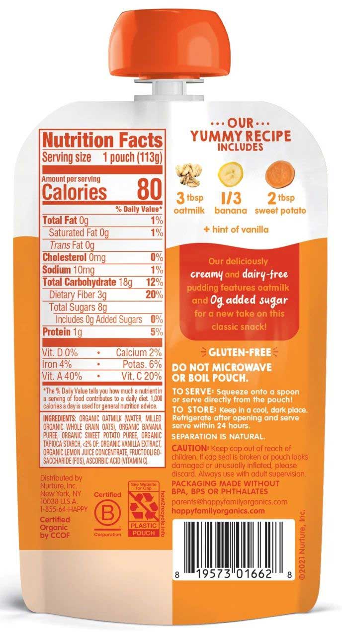 Happy Tot Organics Bananas and Sweet Potatoes Oatmilk Pudding, 4 Ounce -- 16 per case