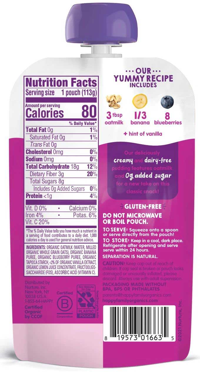 Happy Tot Organics Bananas and Blueberries Oatmilk Pudding, 4 Ounce -- 16 per case
