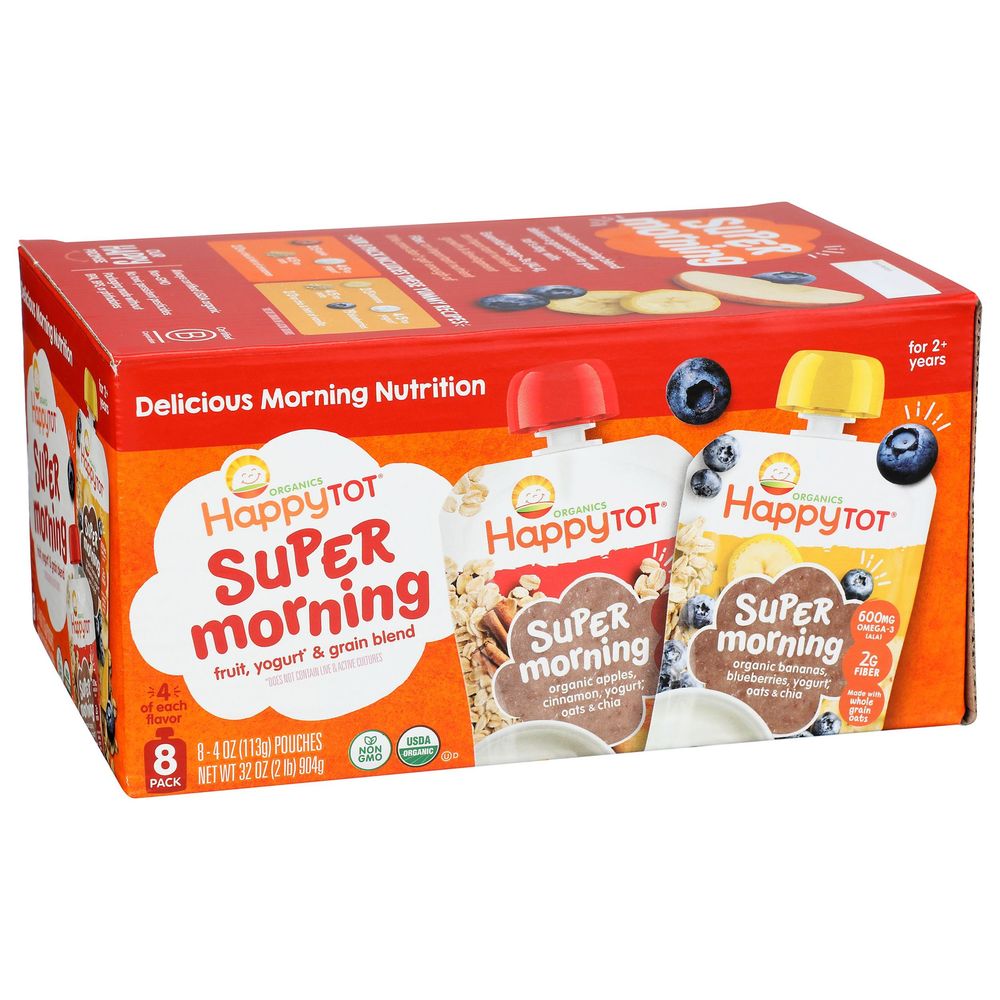 Happy Tot Organic Super Morning 4 Ounce Apples Cinnamon Yogurt Oats Chia And Bananas Yogurt Grain Blend Baby Food, 8 Count