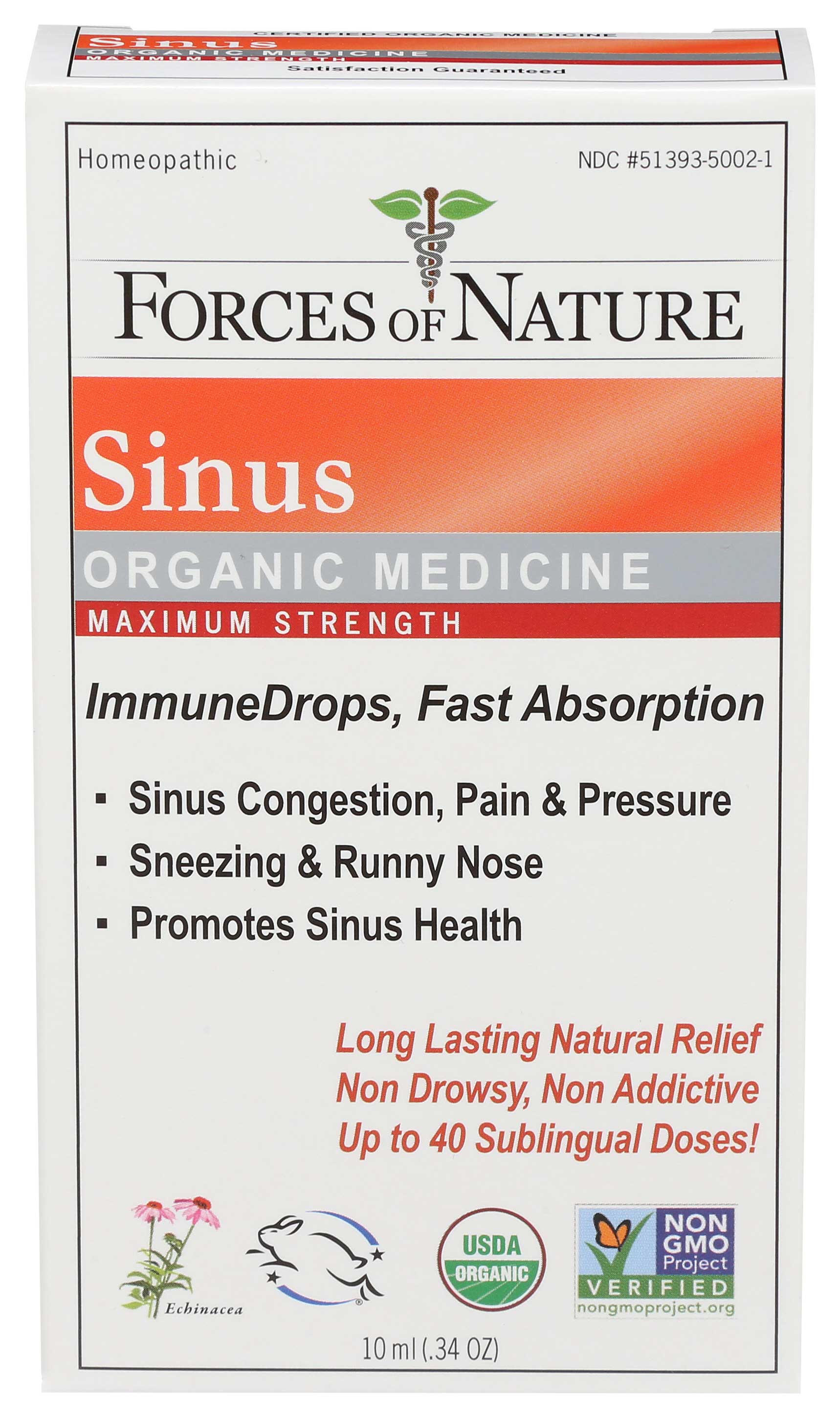 Force Of Nature Gotas Inmunológicas Orgánicas Para El Alivio De Los Senos Paranasales, Máxima Potencia, 10 Ml