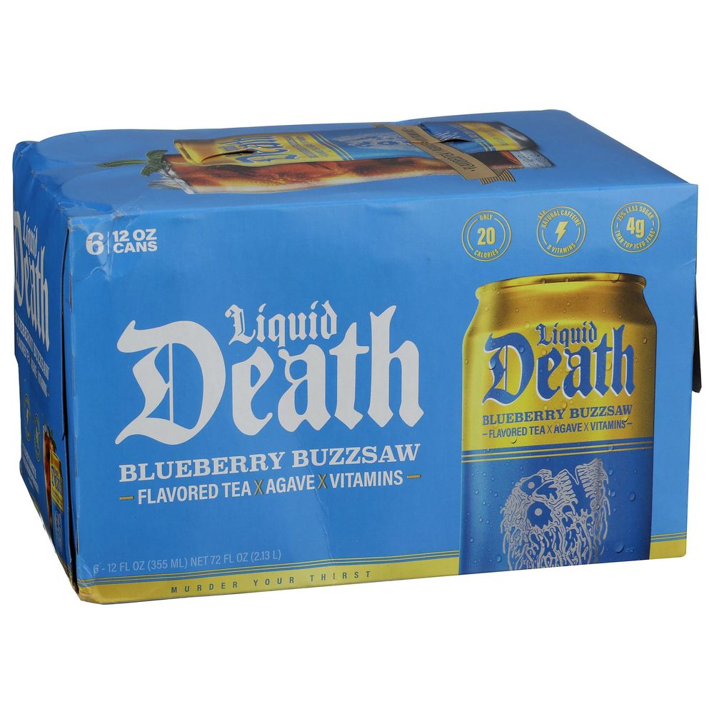 Liquid Death 12 Fluid Ounce Blueberry Buzzsaw Flavored Sparkling Tea, 6 Count -- 4 Per Case