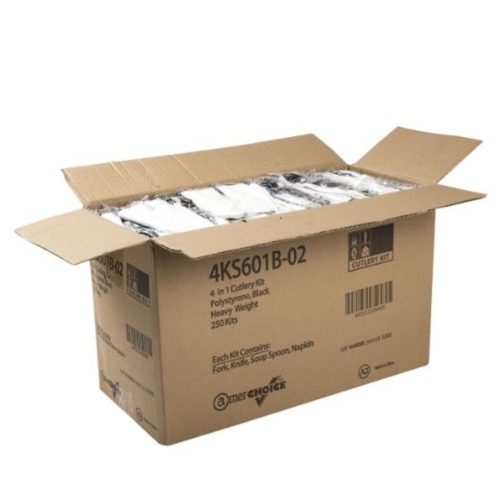 AmerCareRoyal 4 Piece Heavy Weight Black Polystyrene Cutlery Kit, 250 count