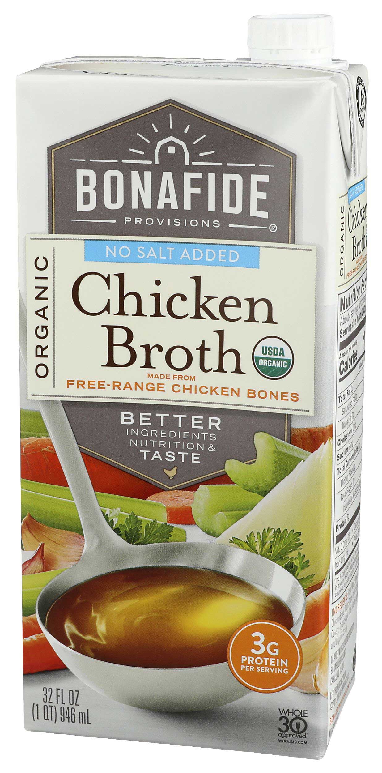 Bonafide Provisions Organic No Salt Added Chicken Broth, 32 Fluid Ounce -- 6 per case