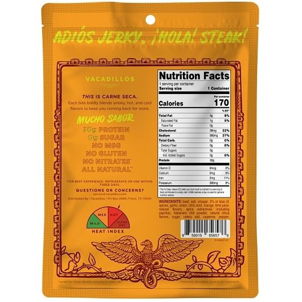 Vacadillos Habanero Carne Seca Air Dried Beef, 2 Ounce -- 8 Per Case