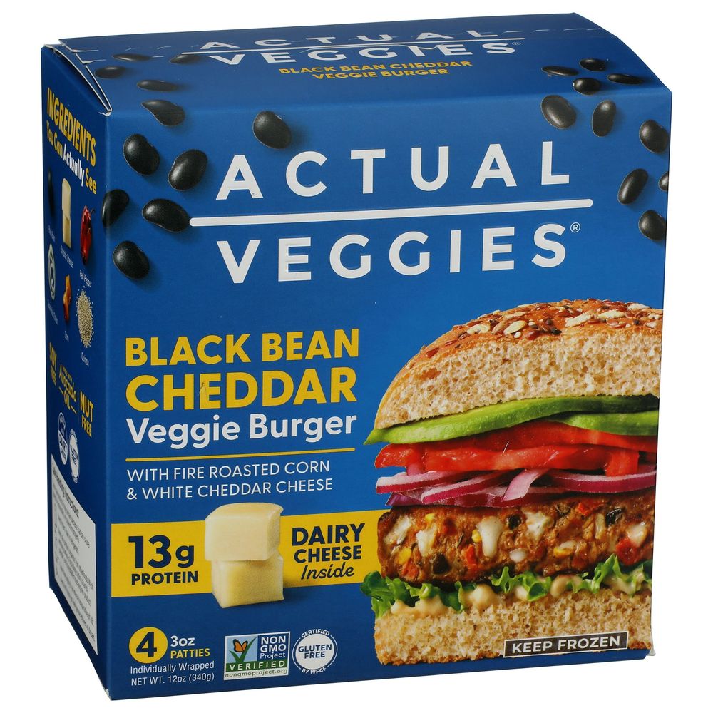 Actual Veggies 3 Ounce Black Bean Cheddar Veggie Burger, 4 count -- 6 per case