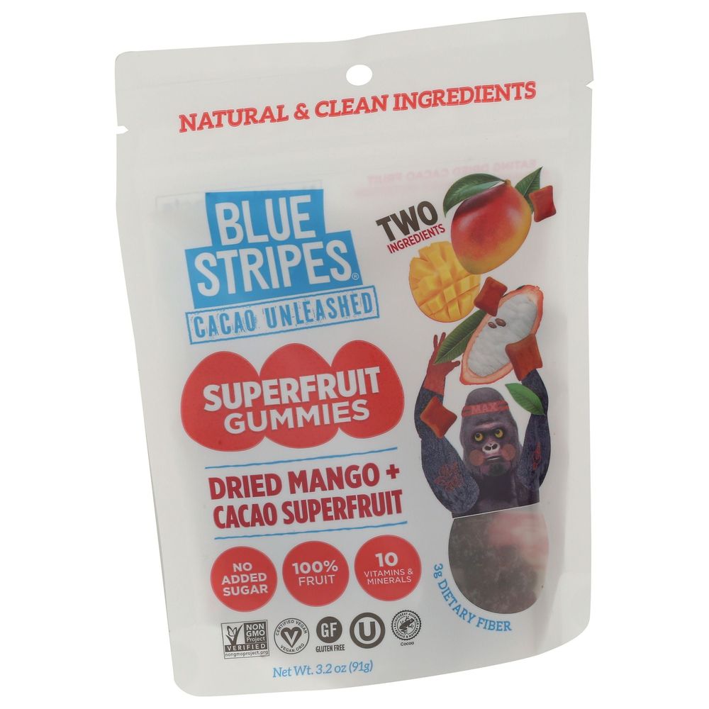 Blue Stripes Dried Mango Plus Cacao Superfruit Gummies, 3.2 Ounce -- 6 Per Case