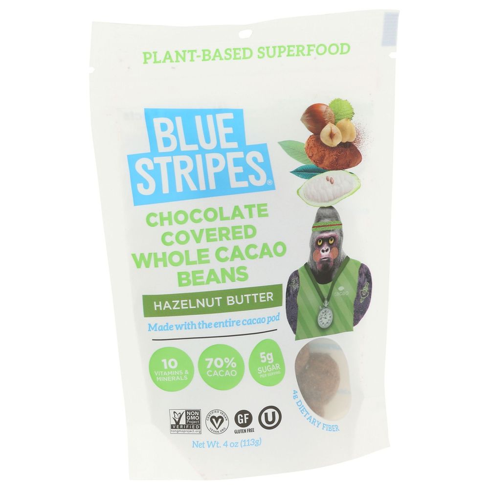 Blue Stripes Hazelnut Butter Chocolate Covered Whole Cacao Beans, 3.5 Ounce -- 6 Per Case