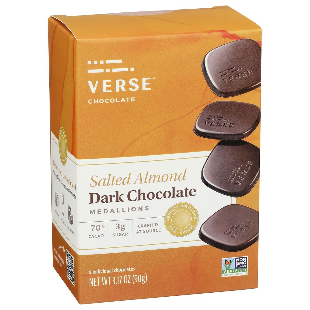 Verse 70 Percent Cacao Salted Almond Dark Chocolate Medallions, 3.17 Ounce -- 8 Per Case