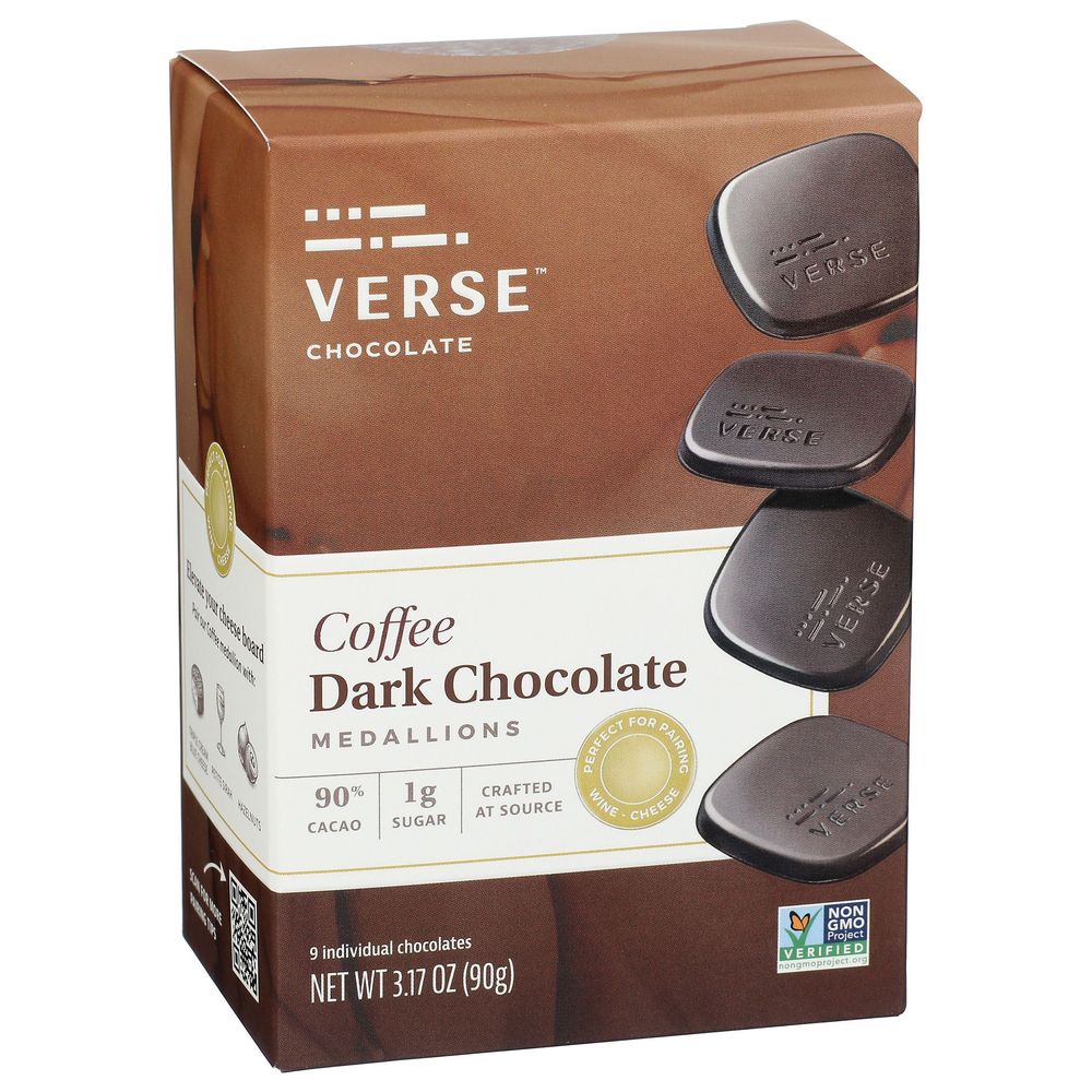Verse 90 Percent Cacao Coffee Dark Chocolate Medallions, 3.17 Ounce -- 8 Per Case