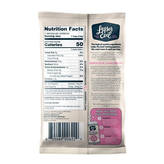 Lesserevil Organic Himalayan Pink Salt Popcorn, 13 Gram -- 96 Per Case