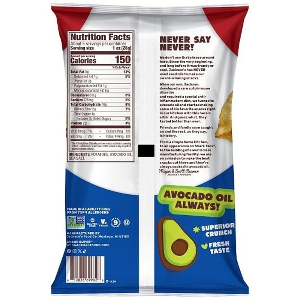 Jacksons Classic Sea Salt Kettle Cooked Potato Chips in Avocado Oil, 2.5 Ounce -- 8 per case