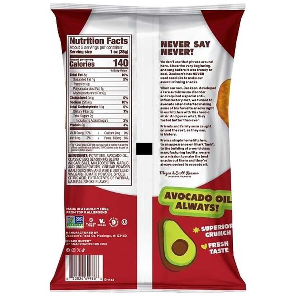 Jacksons Classic Barbecue Kettle Cooked Potato Chips in Avocado Oil, 2.5 Ounce -- 8 per case