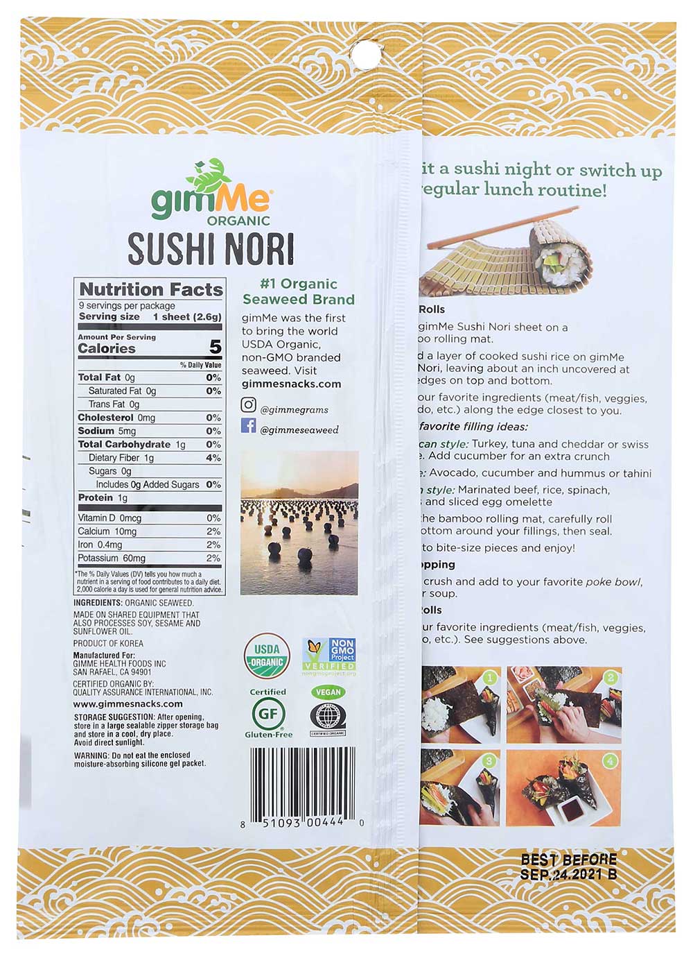 Gimme Organic Roasted Seaweed Sushi Nori Snack, 0.81 Ounce -- 12