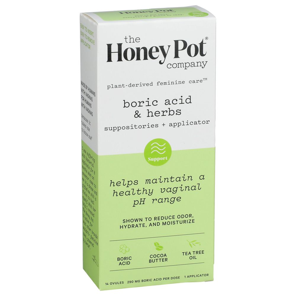 Honey Pot Boric Acid And Herbs Suppositories Plus Applicator With Cocoa Butter Tea Tree Oil, 14 Count