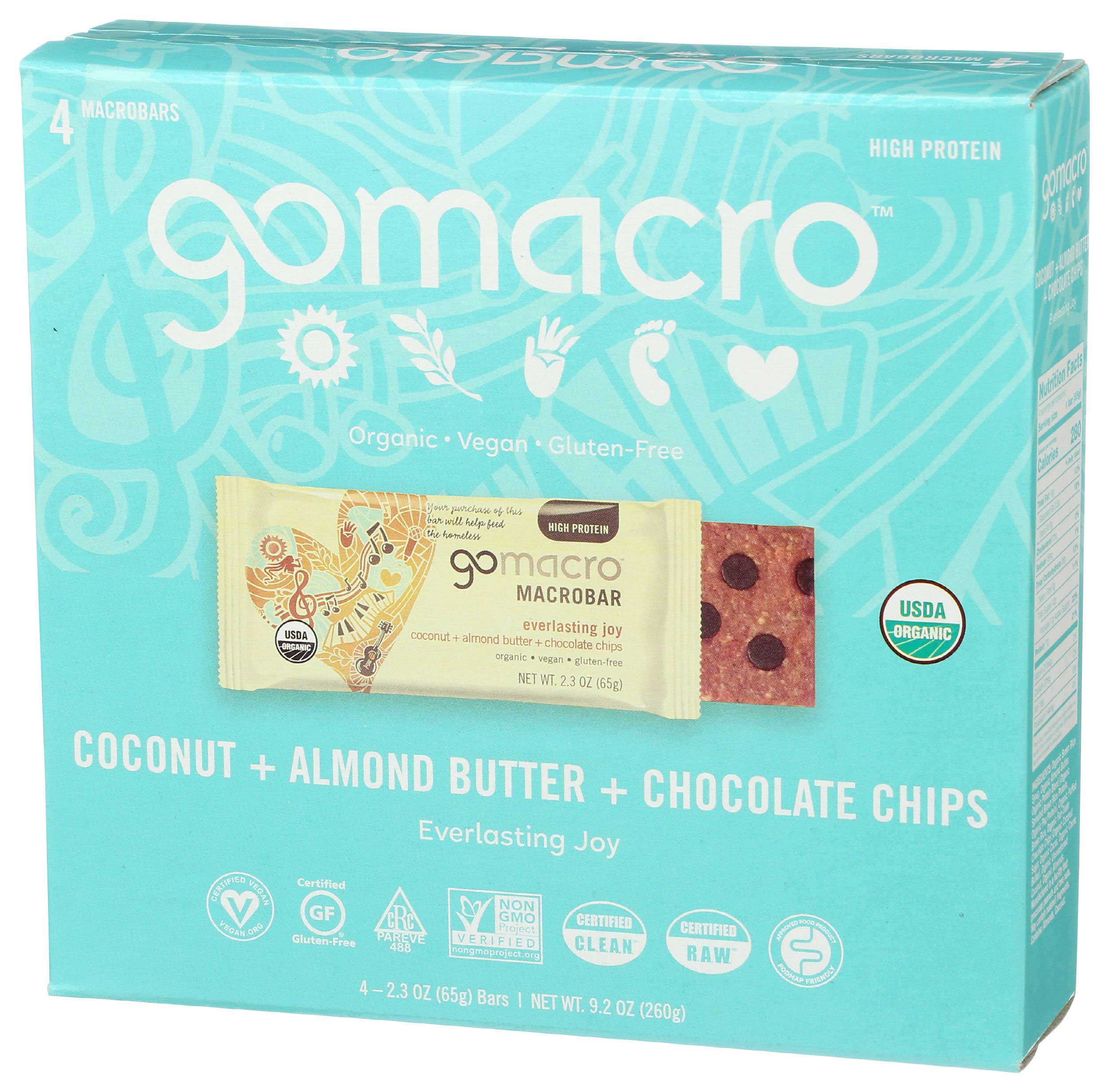 GoMacro Organic Coconut Almond Butter Chocolate Chip Protein Bar, 2.3 Ounce - 4 per pack -- 7 packs per case