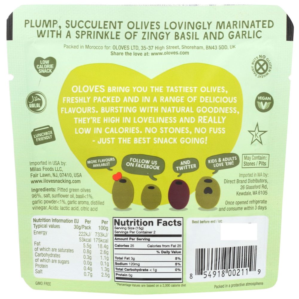 Poshi Snacks Basil And Garlic Pitted Green Olives, 1.1 Ounce -- 10 Per Case