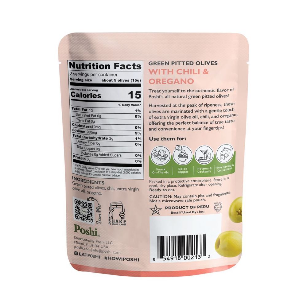 Poshi Snacks Chili And Oregano Pitted Green Olives, 1.1 Ounce -- 10 Per Case