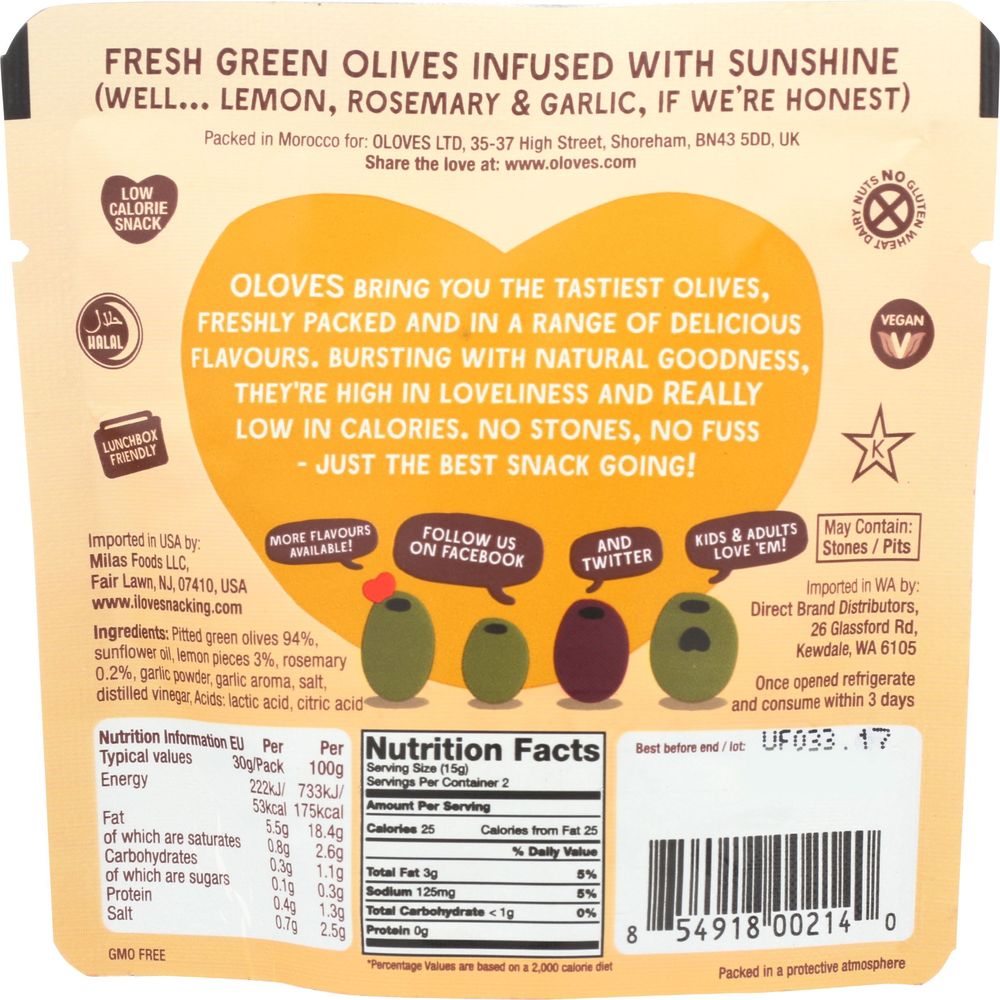 Poshi Snacks Lemon And Rosemary Pitted Green Olives, 1.1 Ounce -- 10 Per Case