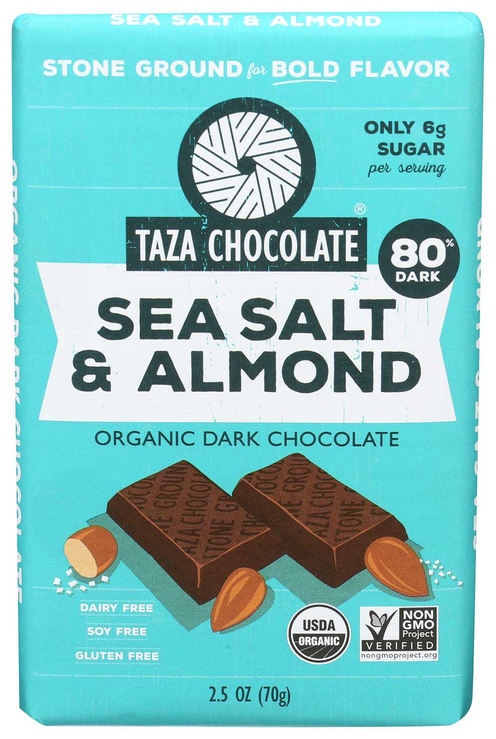 Taza Chocolate Organic Dark Chocolate Sea Salt And Almond Bar, 2.5 Ounce -- 10 Per Case