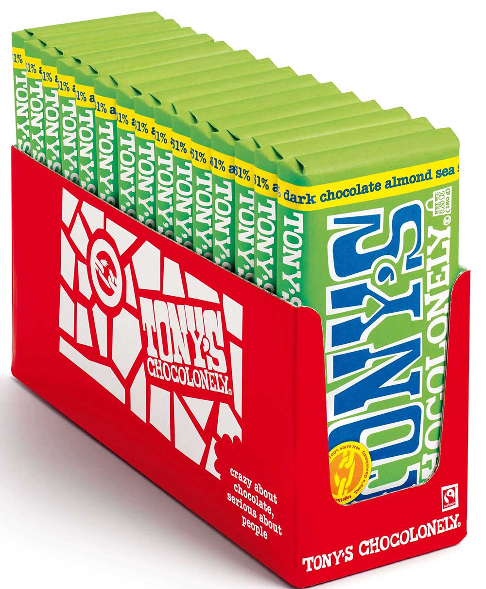 Tony's Chocolonely 51 Percent Dark Chocolate Bar With Almonds And Sea Salt, 6.35 Ounce -- 15 Per Case