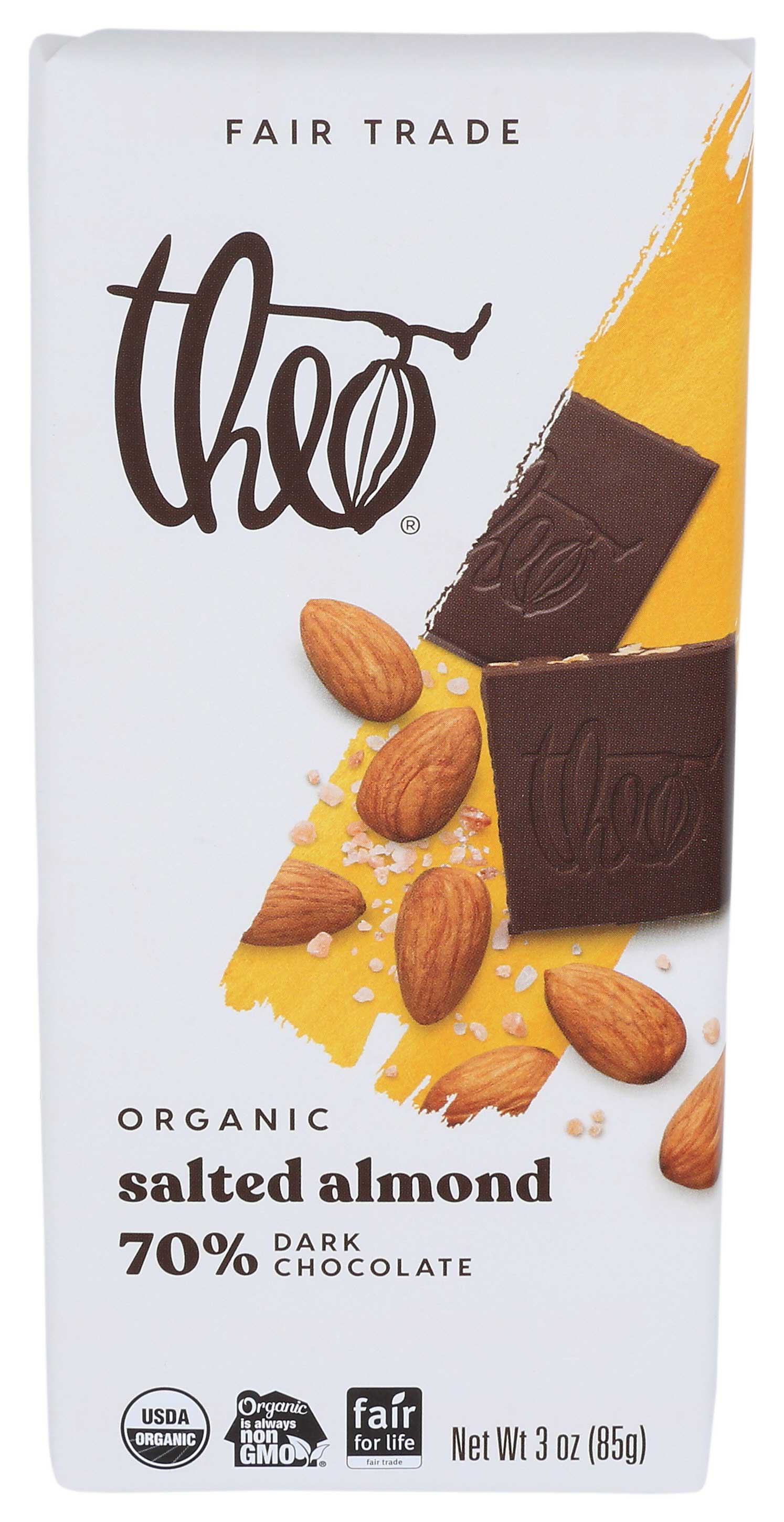 Theo Chocolate Organic Salted Almond 70 Percentage Dark Chocolate Bar, 3 Ounce -- 12 Per Case