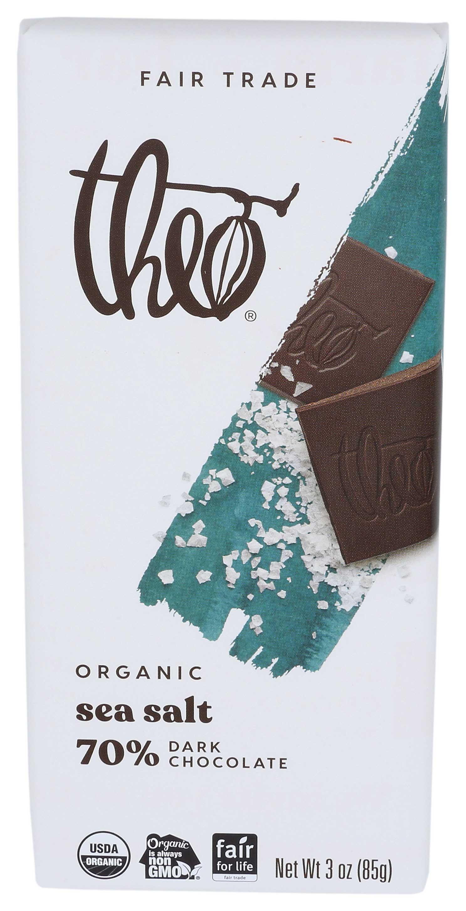 Theo Chocolate Organic Sea Salt 70 Percent Dark Chocolate Bar, 3 Ounce -- 12 Per Case