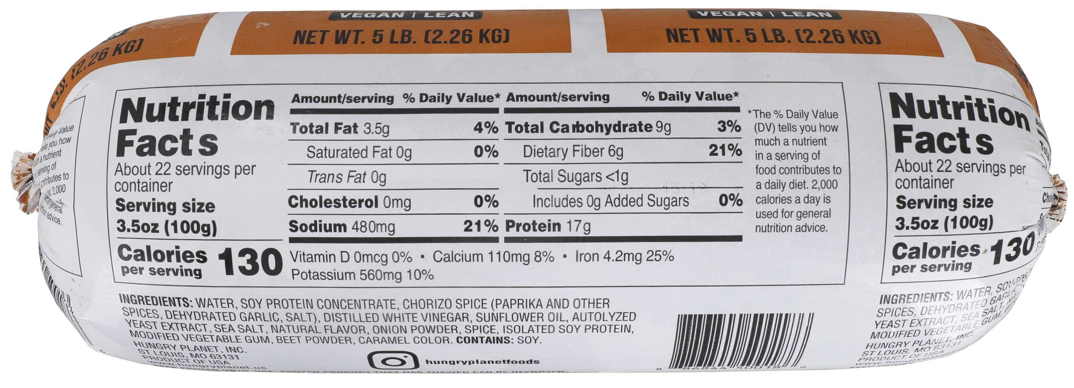 Hungry Planet Vegan Ground Chorizo Sausage Chub, 5 Pound -- 4 Per Case