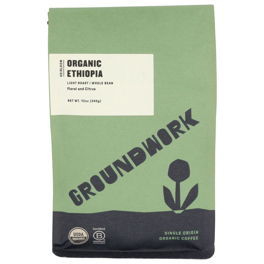 Groundwork Organic Ethiopia Floral and Citrus Light Roast Whole Bean Coffee, 12 Ounce -- 6 per case