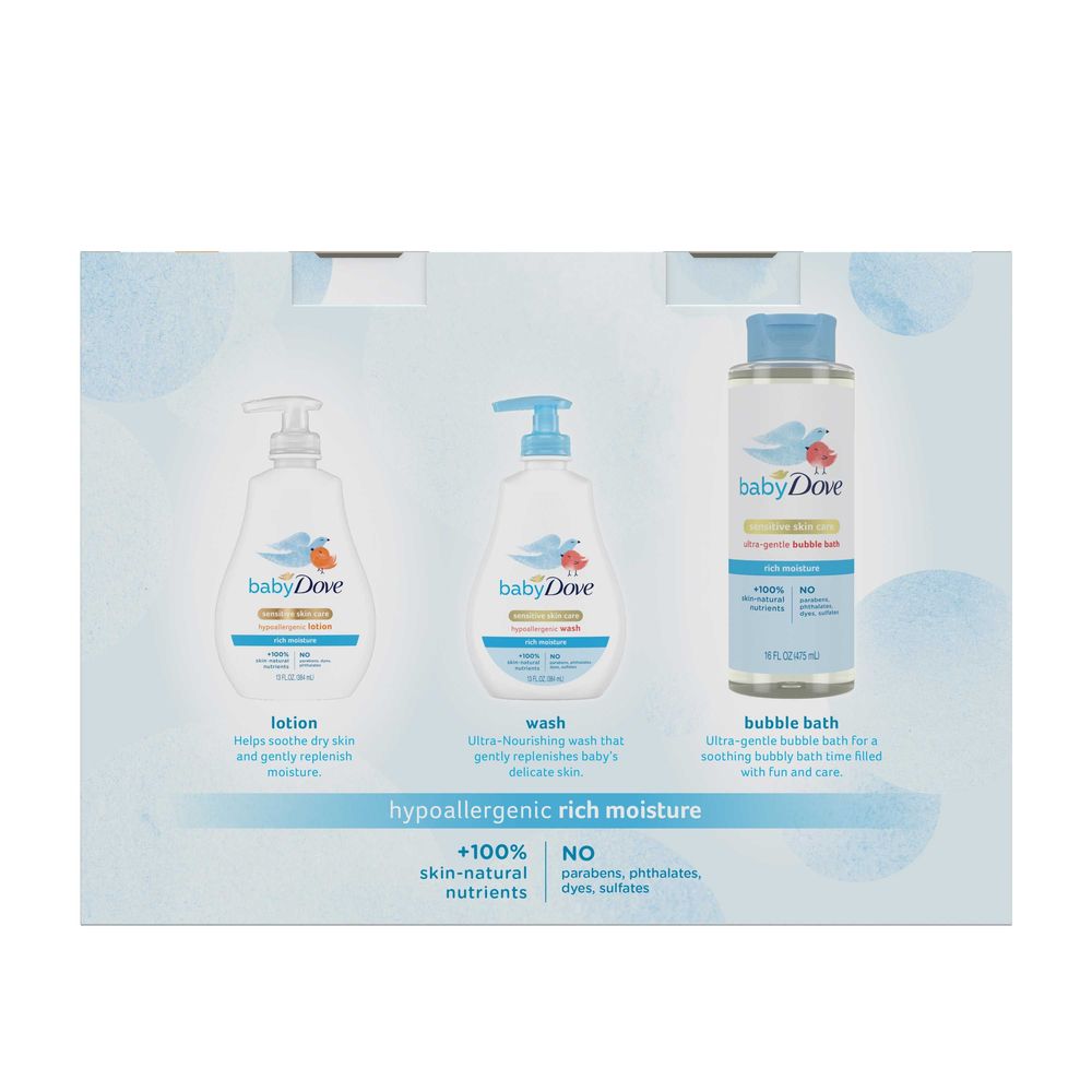 Baby Dove Rich Moisture Hypoallergenic Wash Plus Lotion And Ultra-gentle Bubble Bath Gift Set, Set Of 3 -- 2 Set Per Case