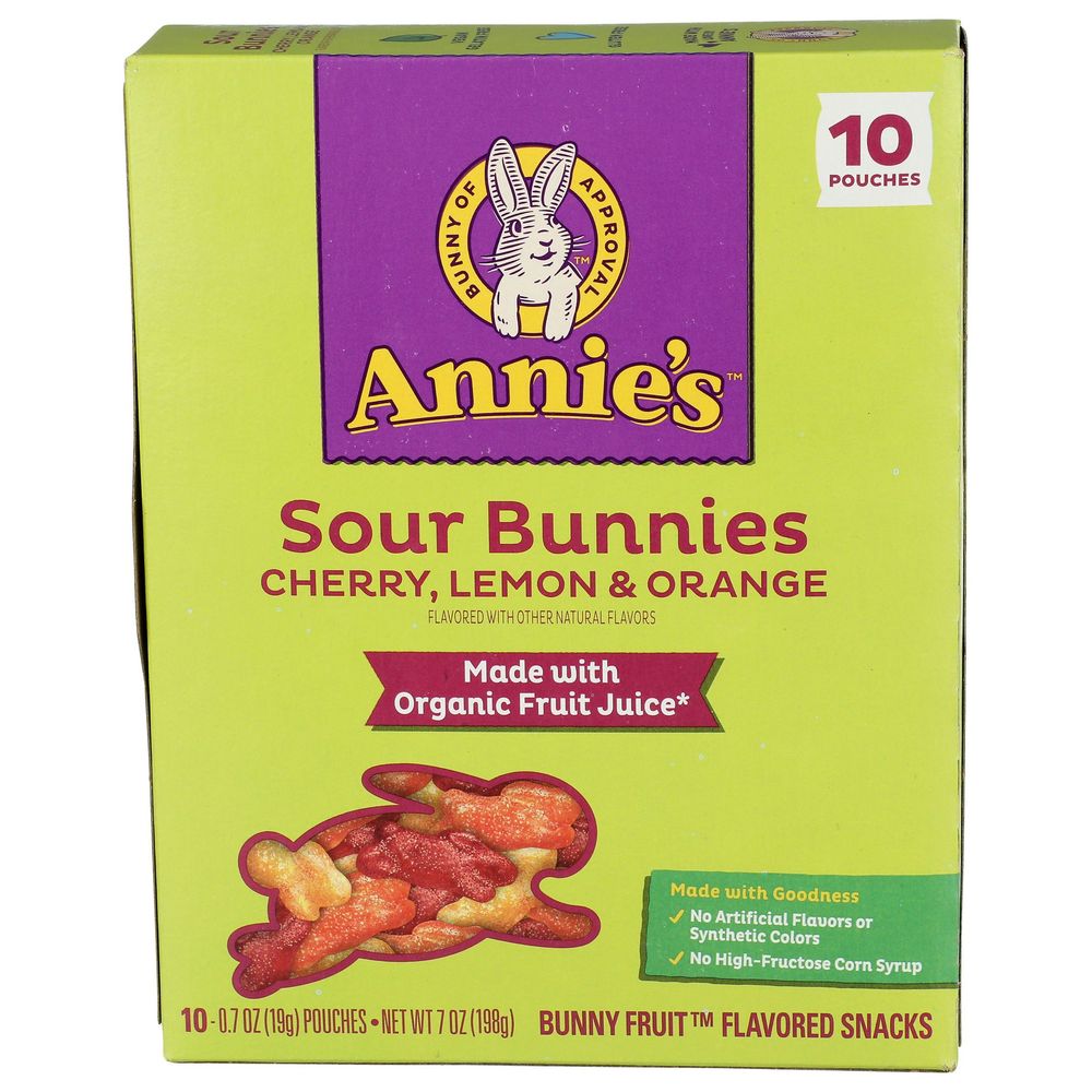 Annies Homegrown Organic Cherry Lemon and Orange Sour Bunnies Fruit Flavored Snacks, 7 Ounce -- 8 per case