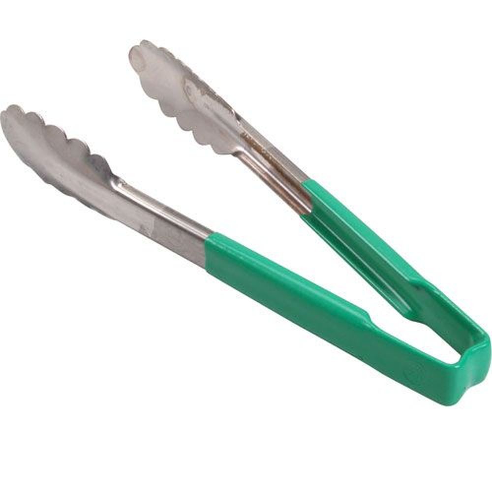 Vollrath 4780970 Stainless Steel Antimicrobial One Piece Scalloped Tong With Green Kool-touch Handle, 9.5 Inch Length