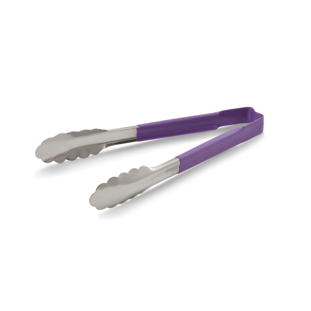 Vollrath 4780980 Stainless Steel Antimicrobial One Piece Scalloped Tong With Purple Kool-touch Handle, 9.5 Inch Length
