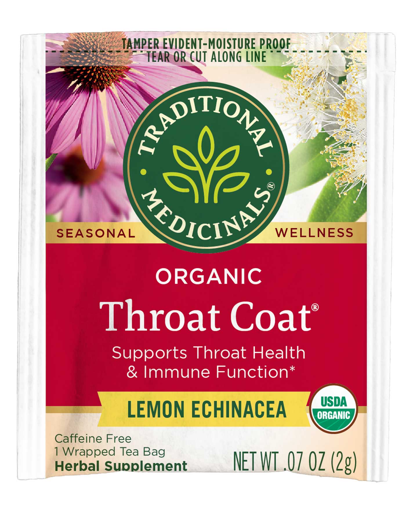 Traditional Medicinals Throat Coat Lemon Echinacea Seasonal Tea, 16 Tea Bags Count -- 6 Per Case