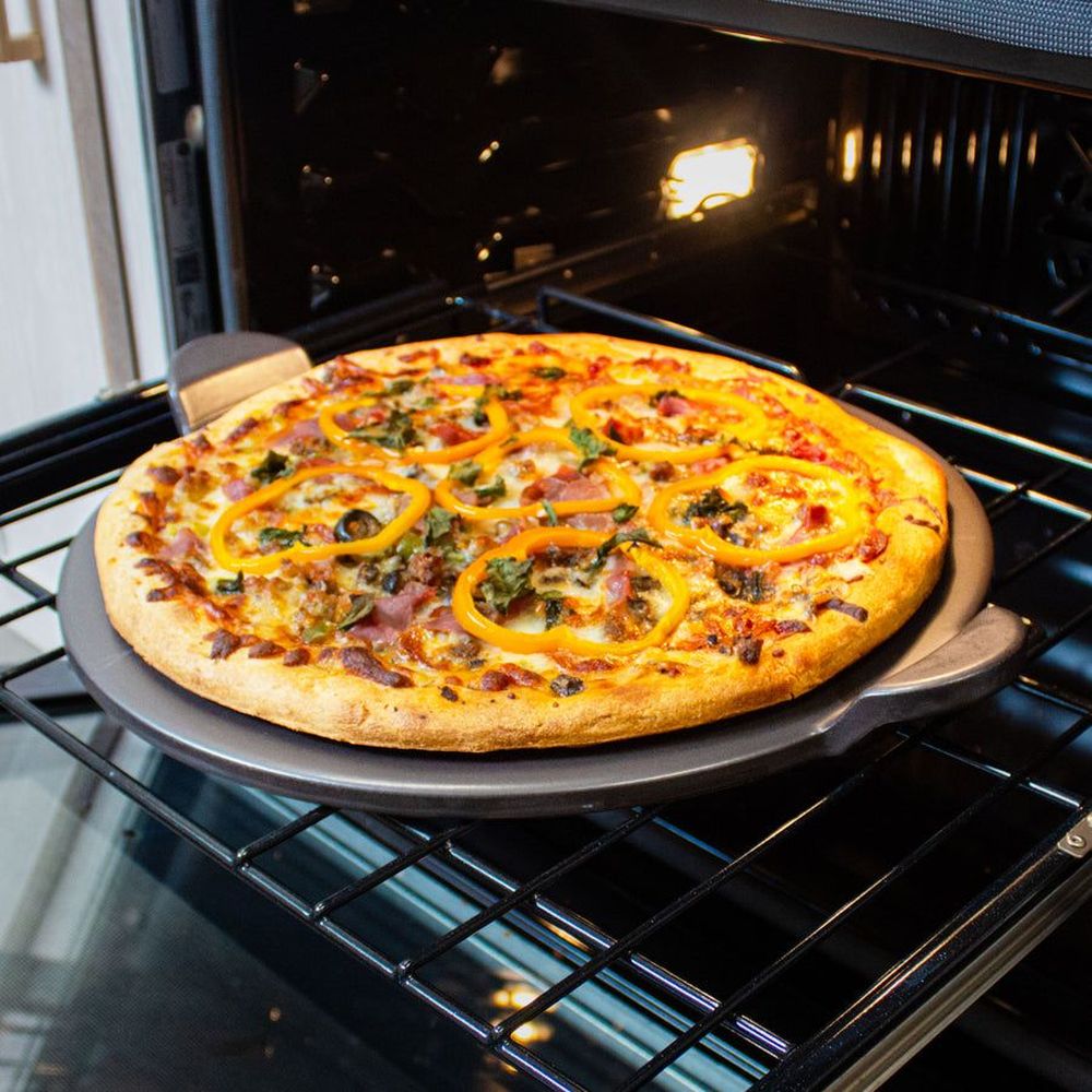 Old Stone Pizza Kitchen Grey Glazed Round Pizza Stone With Handle, 15 Inch