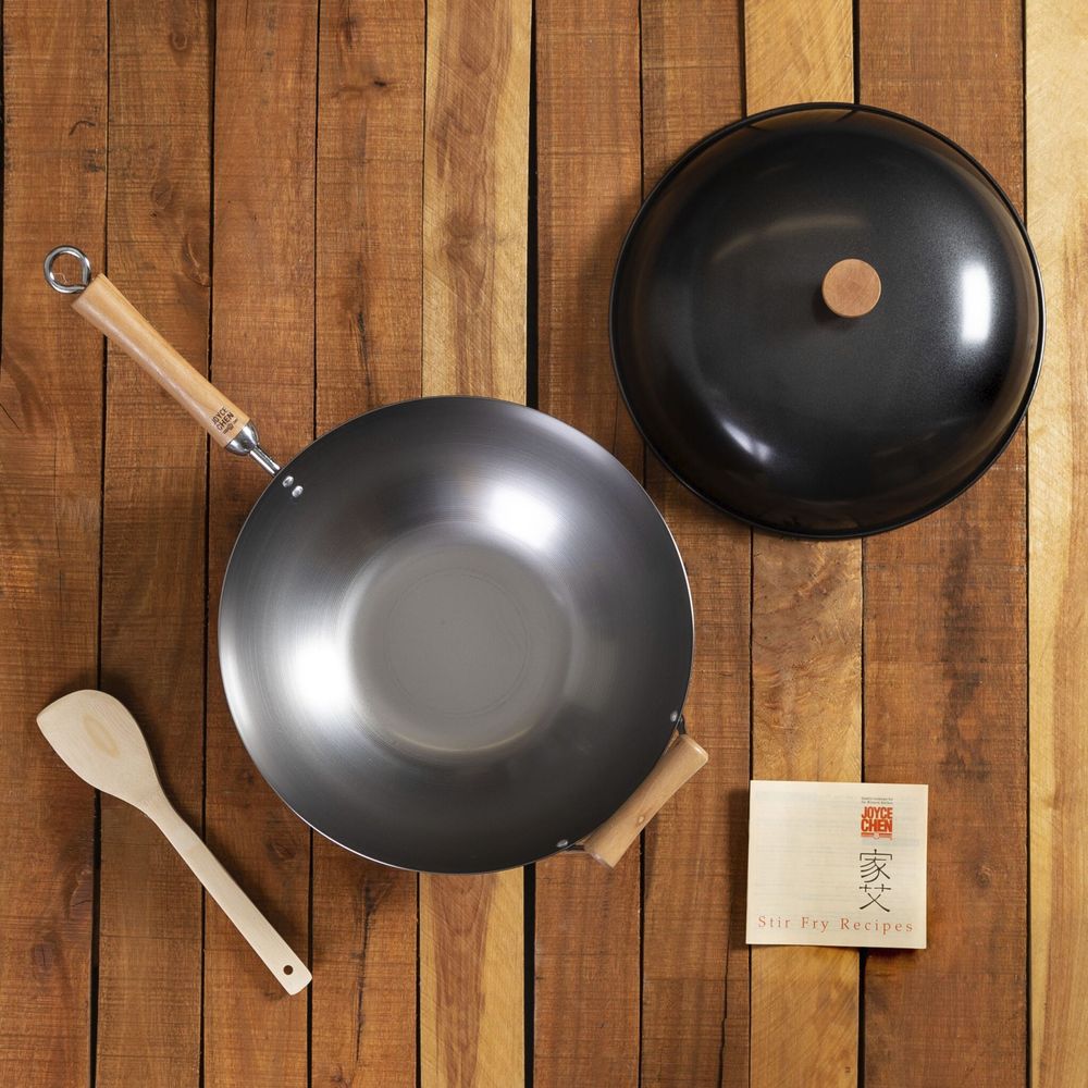 Joyce Chen Classic Series 14 Inch Uncoated Carbon Steel Flat Bottom Wok Set With Lid And Birch Handle, 4 Count