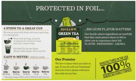 Bigelow Green Tea With Ginger Plus Probiotics, 18 Tea Bags Count -- 6 Per Case