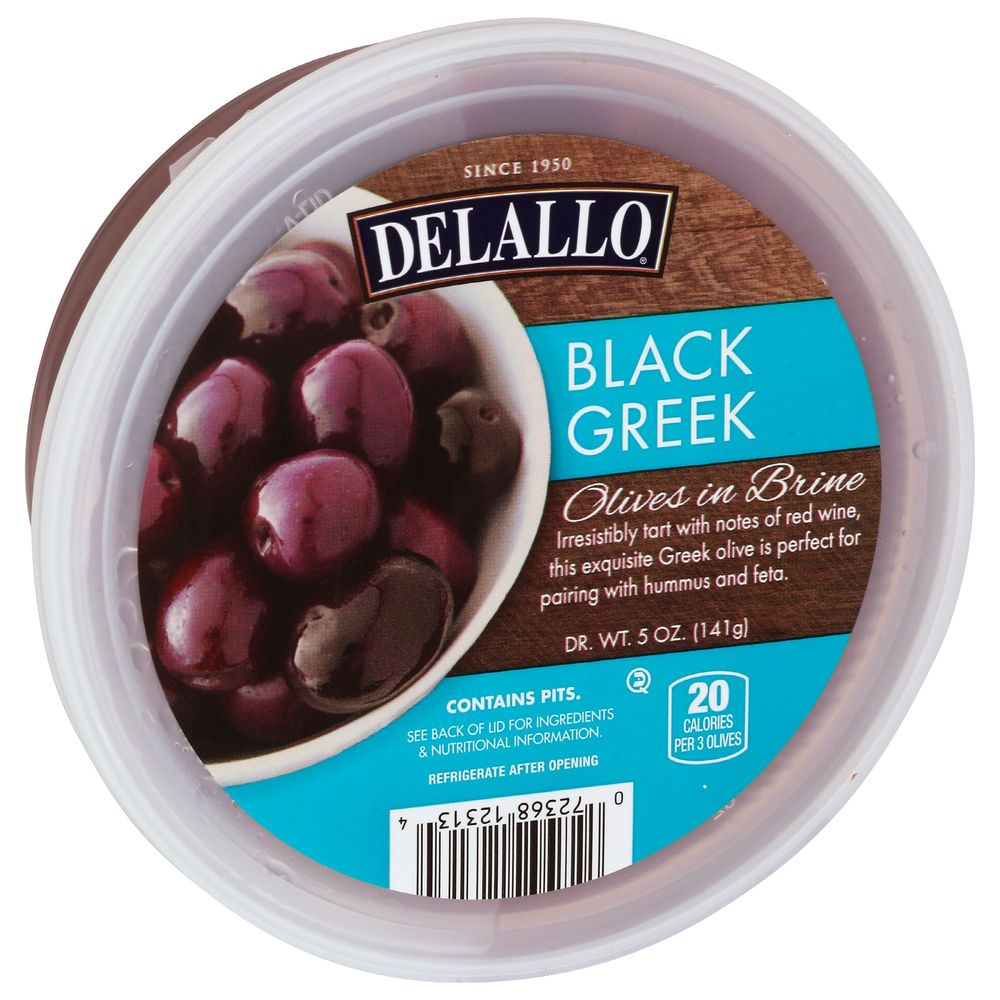 Delallo Black Greek Olives In Brine, 5 Ounce Cup -- 6 Per Case