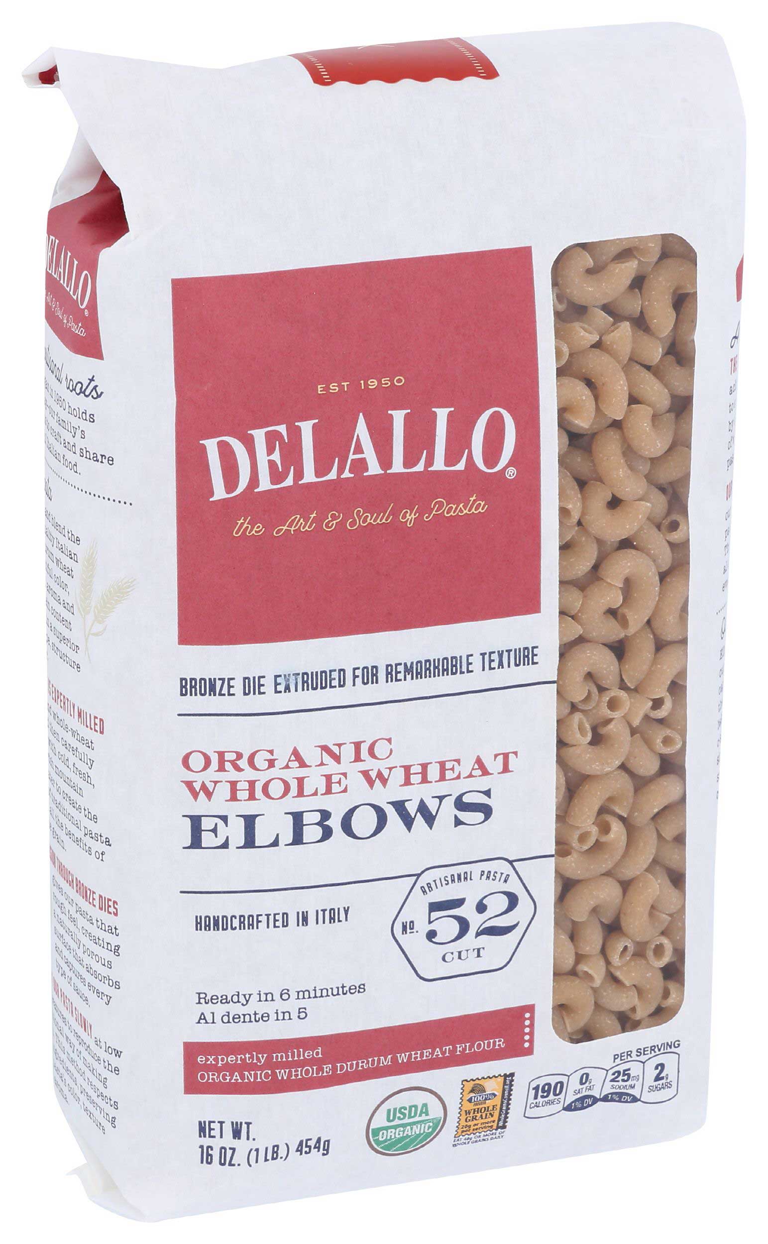 Delallo Organic Whole Wheat Elbows Pasta, 16 Ounce -- 12 Per Case