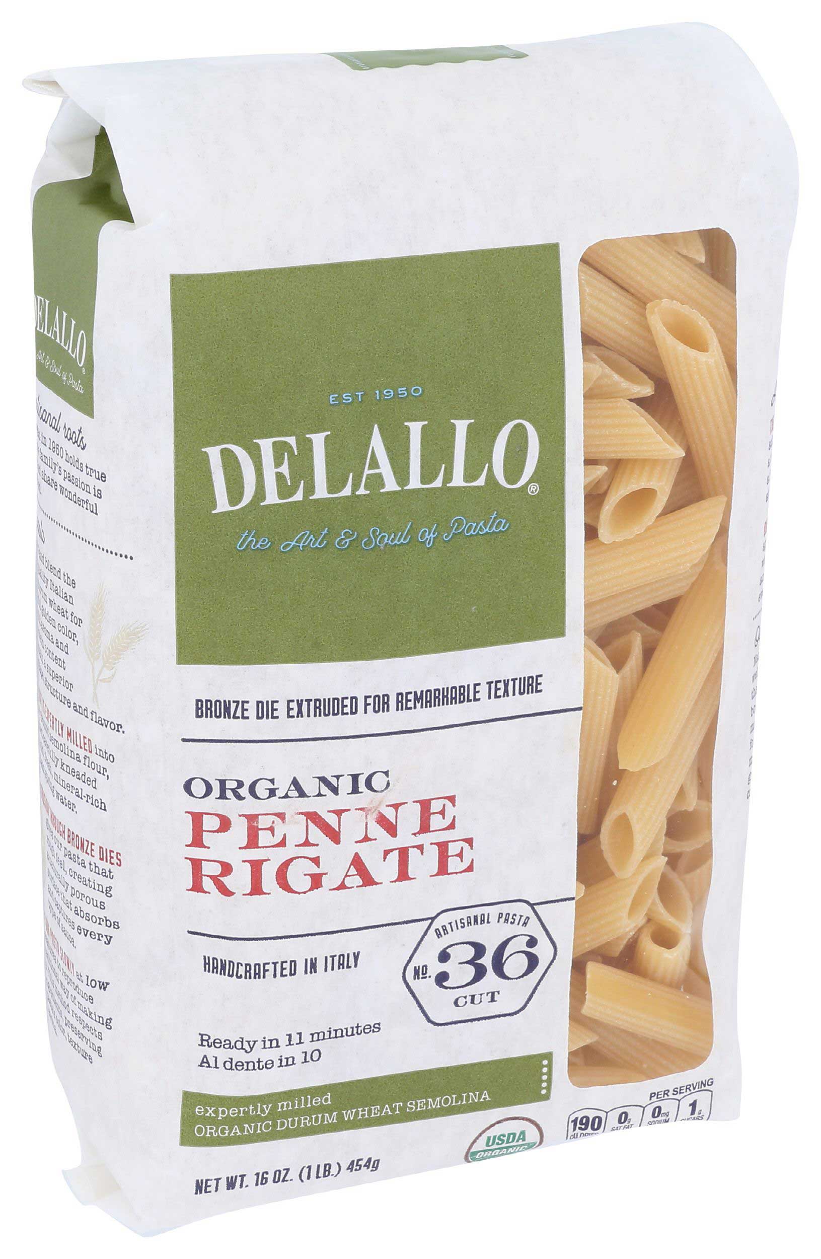 Delallo Organic Semolina Penne Rigate Pasta, 16 Ounce -- 8 per case.