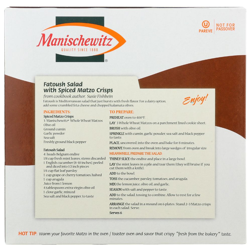 Manischewitz Whole Wheat Matzo, 10 Ounce -- 12 Per Case