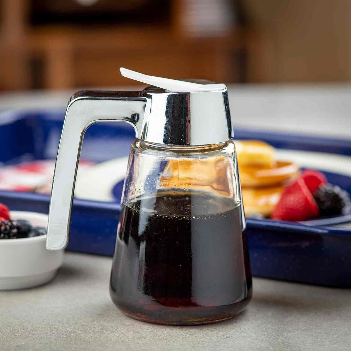 Tablecraft Chrome Plated Plastic Top Glass Syrup Dispenser, 12 Ounce Capacity -- 12 Per Case