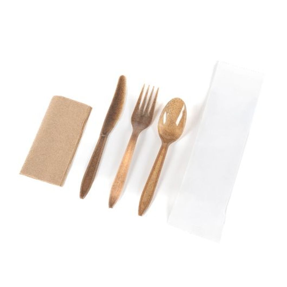The Sustainable Agave Brown Cutlery Kit, With Napkin Wrapped In Paper, 250 Count