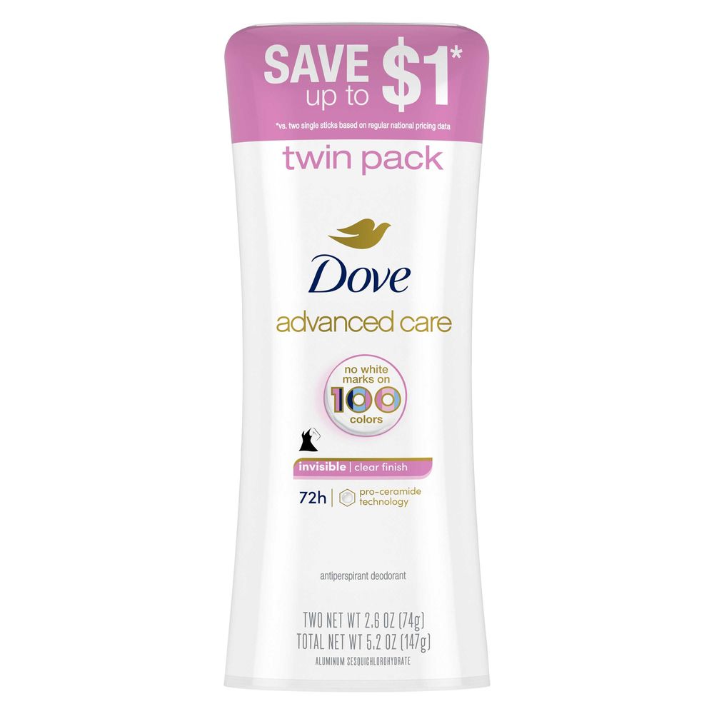 Dove Advanced Care Clear Finish Antiperspirant Deodorant Stick, Twin Pack, 5.2 Ounce -- 6 Per Case