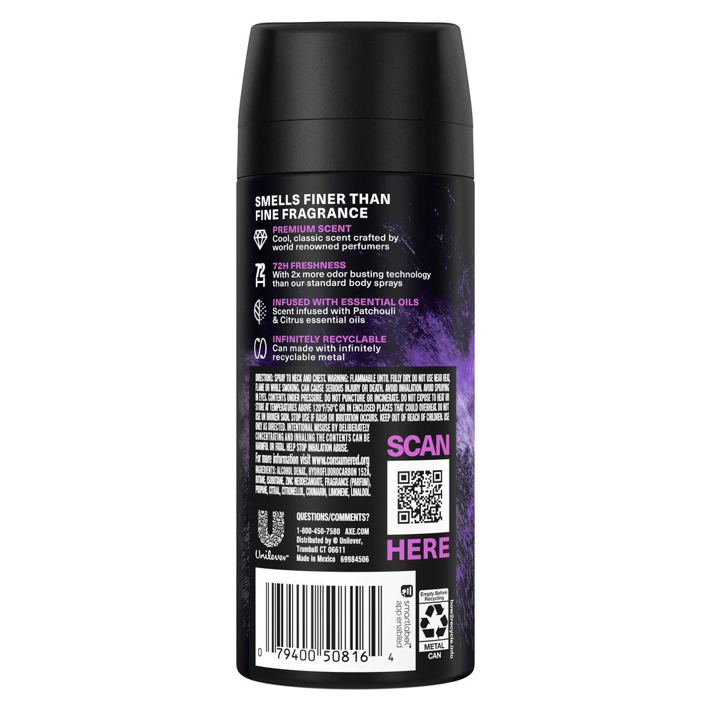 Axe Fine Fragrance Collection Purple Patchouli With Citrus Plus Oak Essential Oils Premium Deodorant Body Spray, 4 Ounce -- 12 Per Case