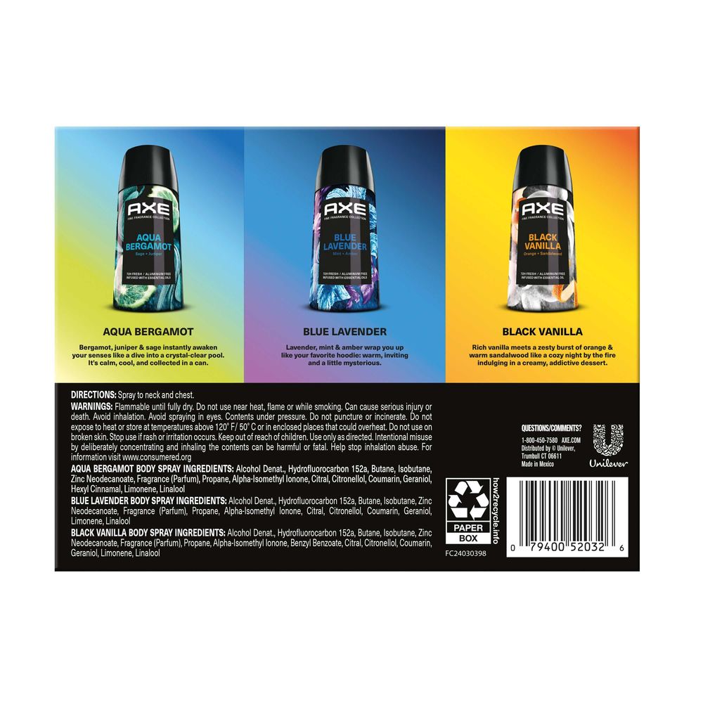 Axe Men Fine Fragrance Collection 1 Ounce Blue Lavender Aqua Bergamot And Black Vanilla Deodorant Body Spray Gift Set, Set Of 3 -- 6 Set Per Case